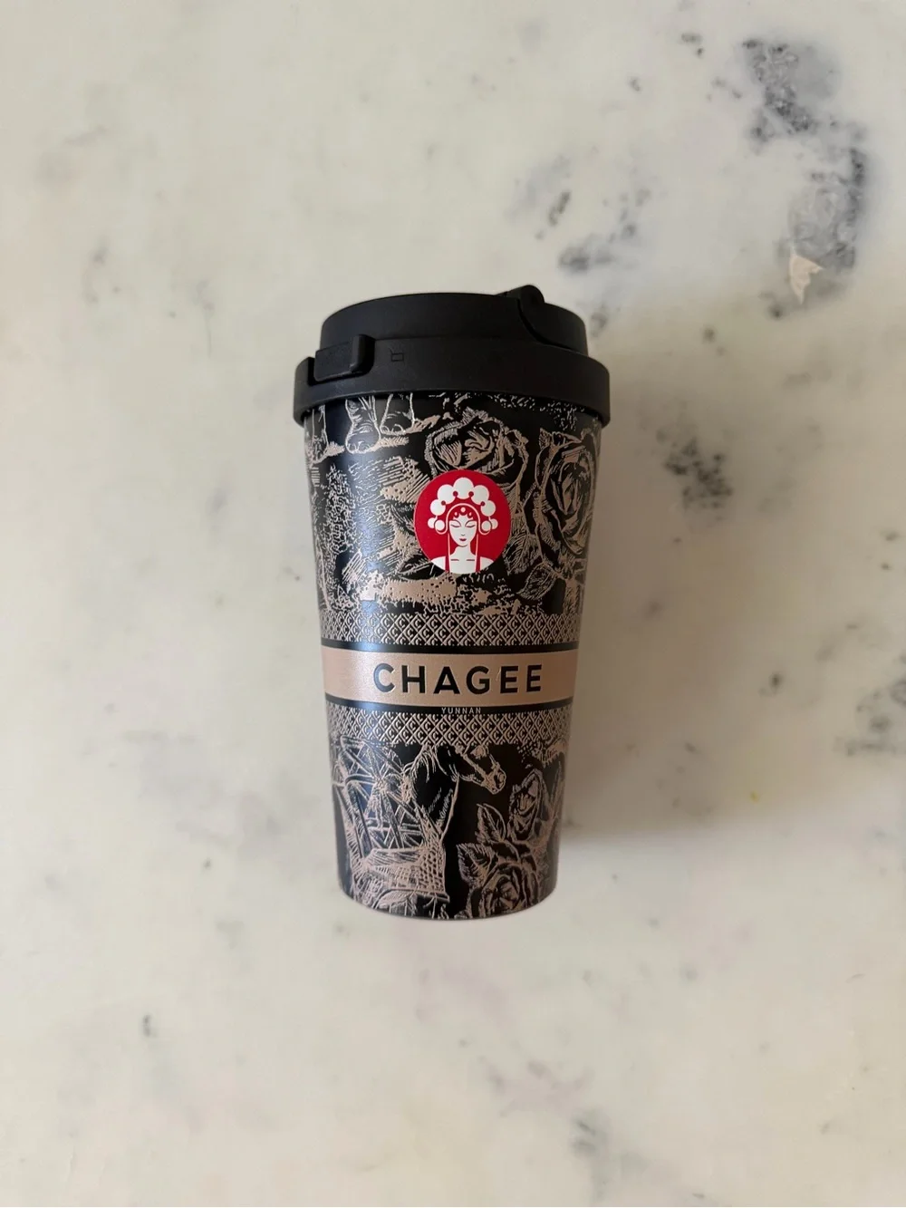Chagee limited edition Floral Travel Tumbler - Black & Gold